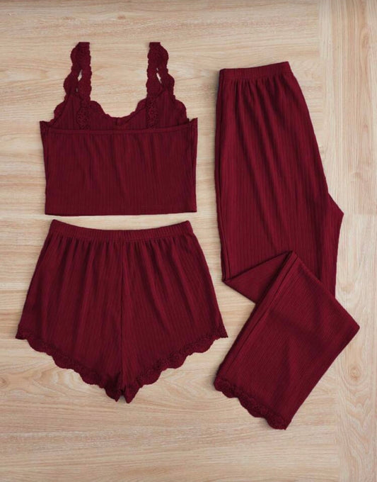 Бордо дамски комплект за сън и домашно облекло – 3 части с дантела