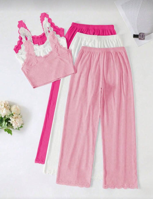 Дамски пижамен комплект с дантела – потник и дълъг панталон PİNK 6 части