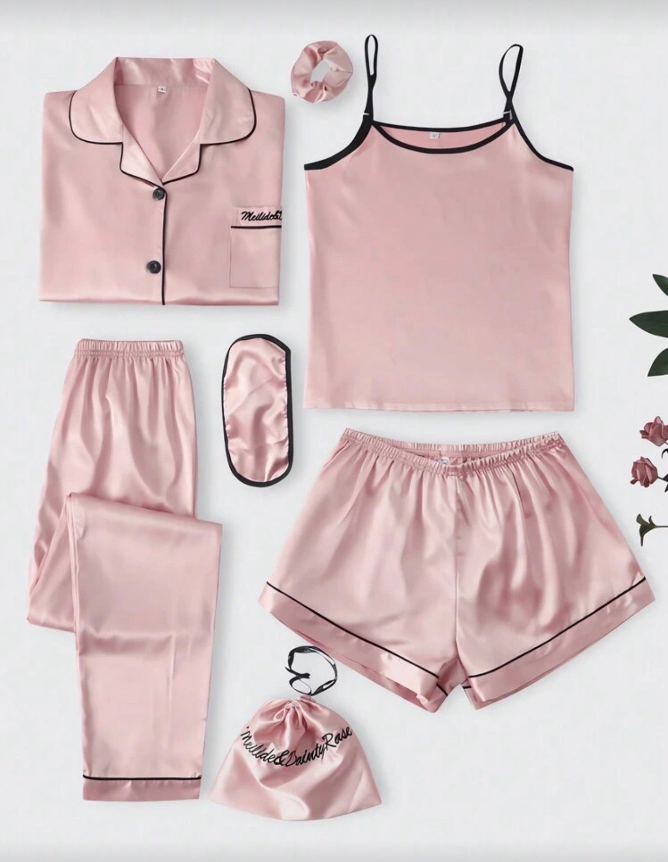 Луксозен дамски сатенен пижамен комплект – 7 части