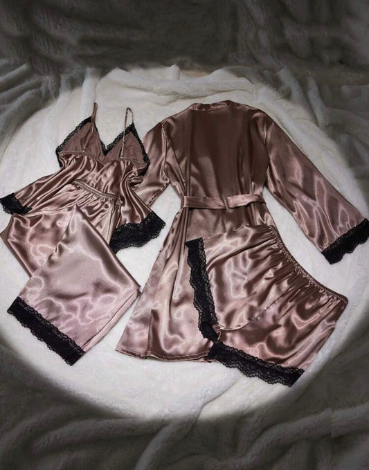 Дамски сатенен комплект за спане с халат и дантела – големи размери (4 части)